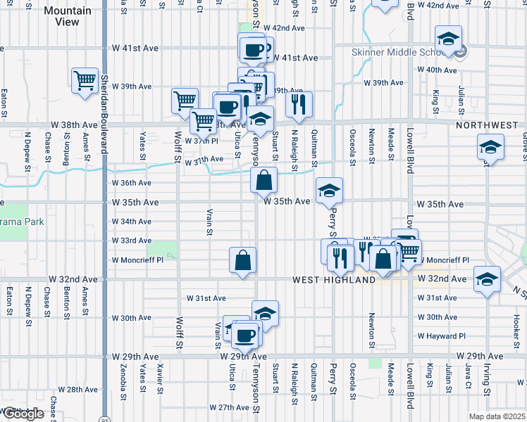 map of restaurants, bars, coffee shops, grocery stores, and more near 3400 Tennyson Street in Denver