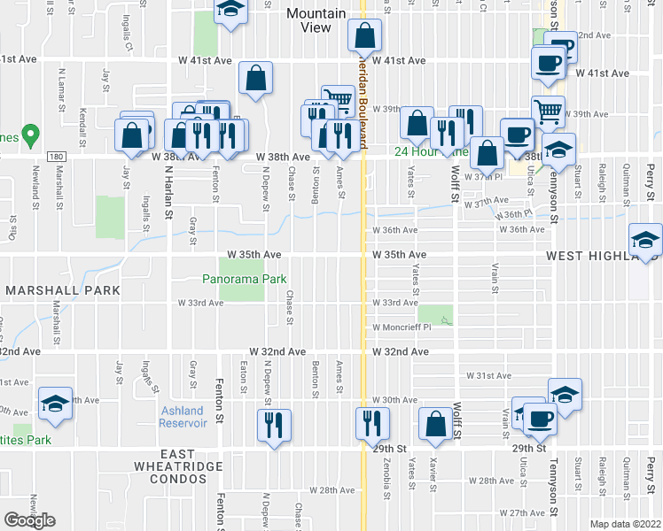 map of restaurants, bars, coffee shops, grocery stores, and more near 3450 Benton Street in Wheat Ridge
