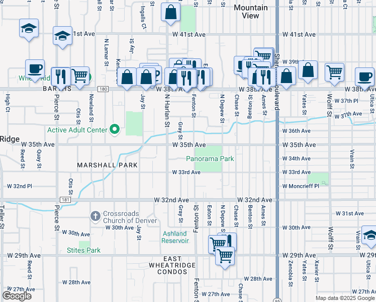map of restaurants, bars, coffee shops, grocery stores, and more near 5895 West 34th Avenue in Wheat Ridge