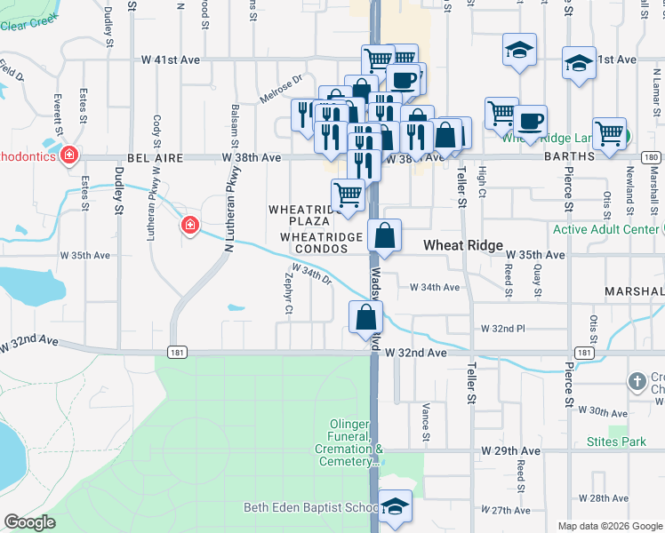 map of restaurants, bars, coffee shops, grocery stores, and more near 7848 West 34th Drive in Wheat Ridge