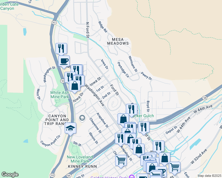map of restaurants, bars, coffee shops, grocery stores, and more near 612 2nd Street in Golden
