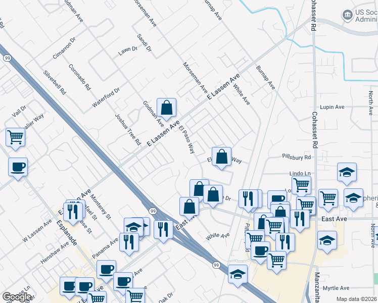 map of restaurants, bars, coffee shops, grocery stores, and more near 2675 El Paso Way in Chico