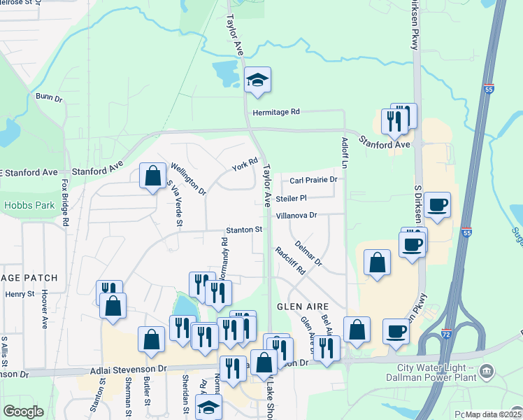 map of restaurants, bars, coffee shops, grocery stores, and more near 2821 Stanton Street in Springfield