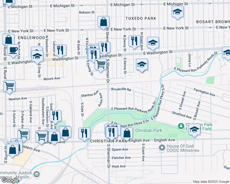 map of restaurants, bars, coffee shops, grocery stores, and more near 224 South Bradley Avenue in Indianapolis