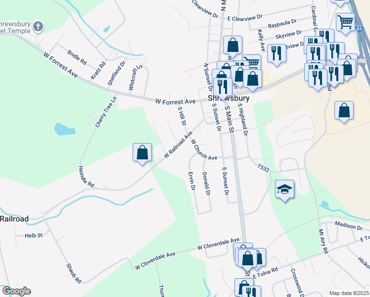 map of restaurants, bars, coffee shops, grocery stores, and more near 210 West Railroad Avenue in Shrewsbury