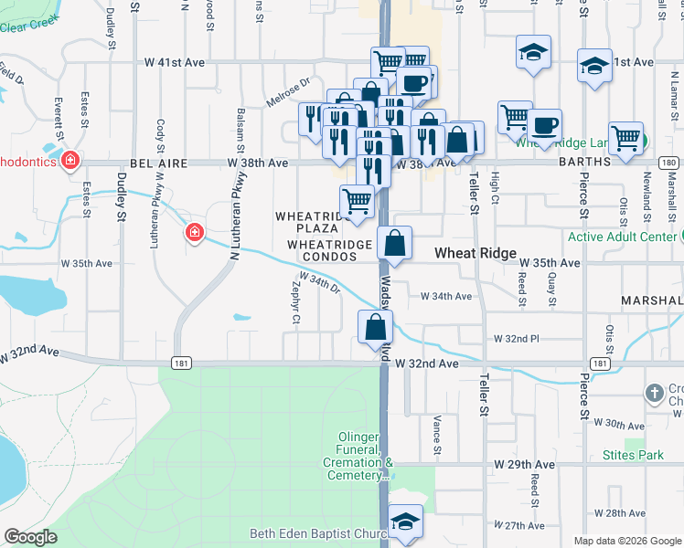 map of restaurants, bars, coffee shops, grocery stores, and more near 7848 West 34th Drive in Wheat Ridge