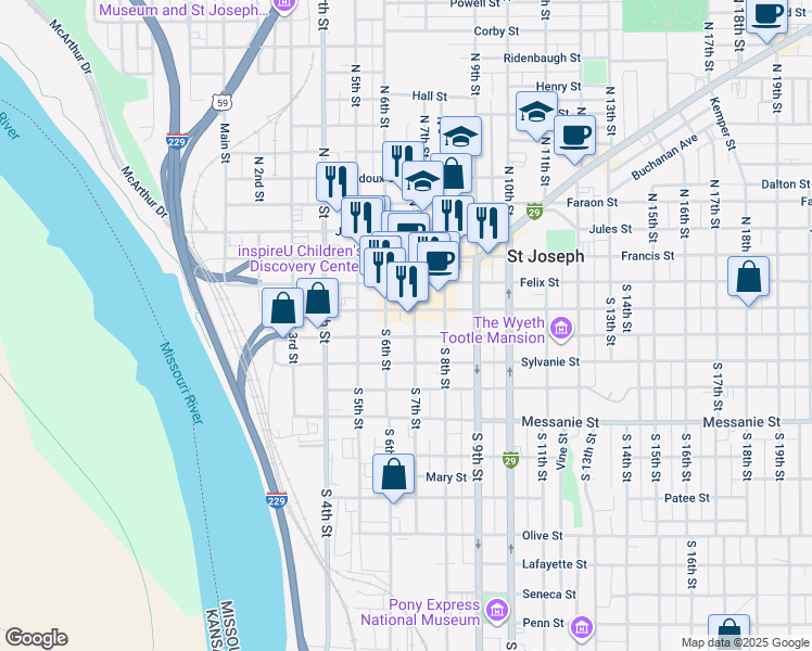 map of restaurants, bars, coffee shops, grocery stores, and more near 218 South 7th Street in Saint Joseph