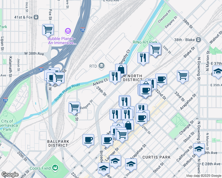 map of restaurants, bars, coffee shops, grocery stores, and more near 1829 29th Street in Denver