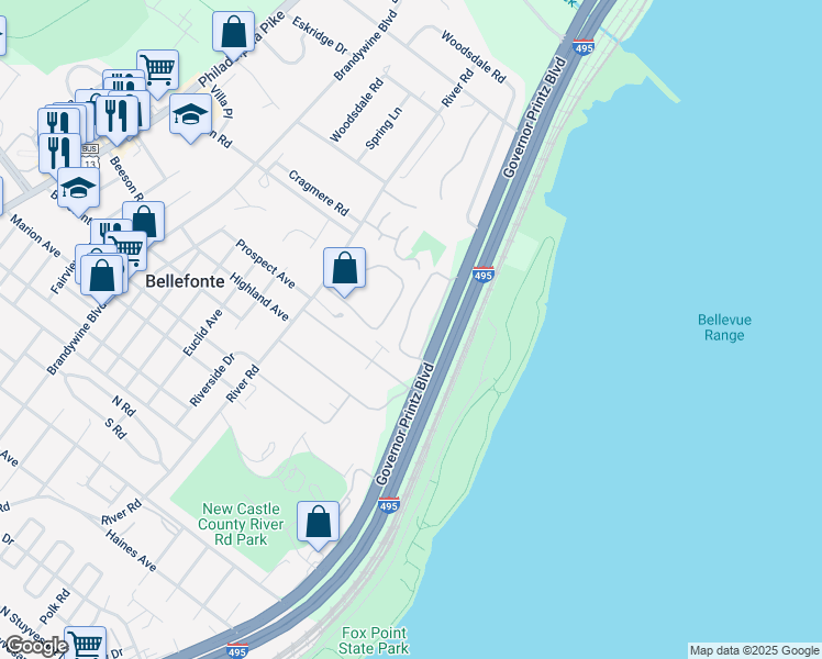 map of restaurants, bars, coffee shops, grocery stores, and more near 1024 Governor House Circle in Wilmington