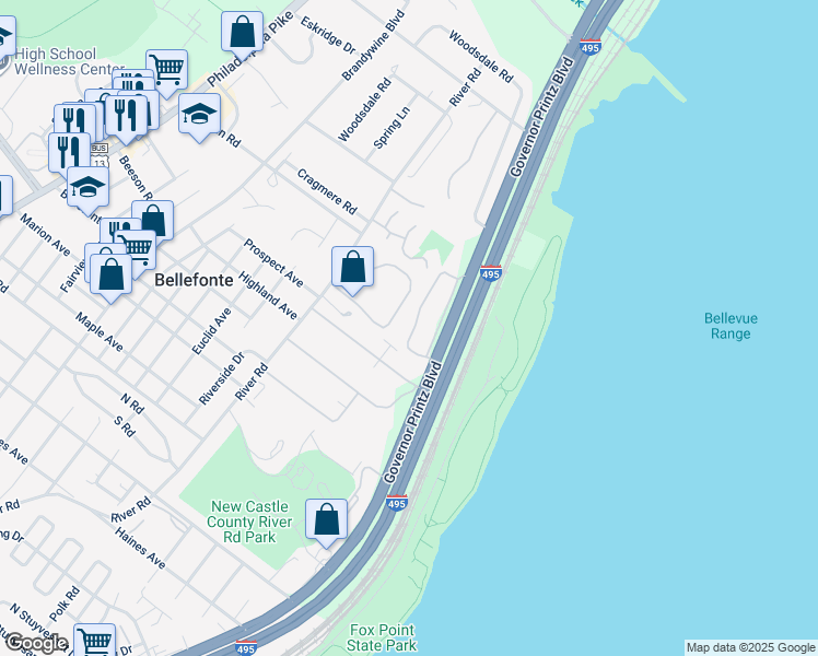 map of restaurants, bars, coffee shops, grocery stores, and more near 1201 Governor House Circle in Wilmington