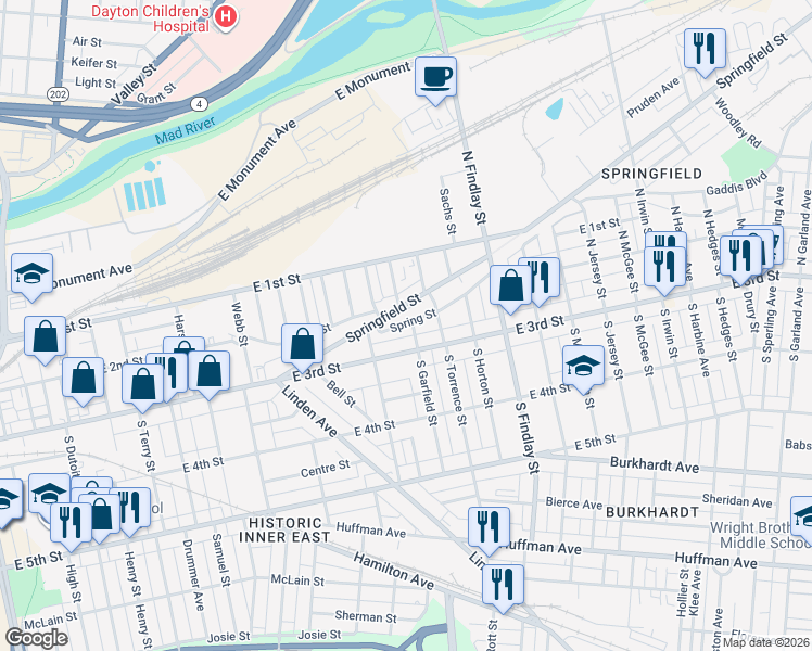 map of restaurants, bars, coffee shops, grocery stores, and more near 10 North Garfield Street in Dayton