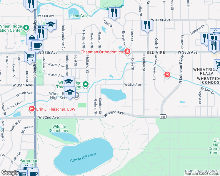 map of restaurants, bars, coffee shops, grocery stores, and more near 9120 West 35th Avenue in Wheat Ridge