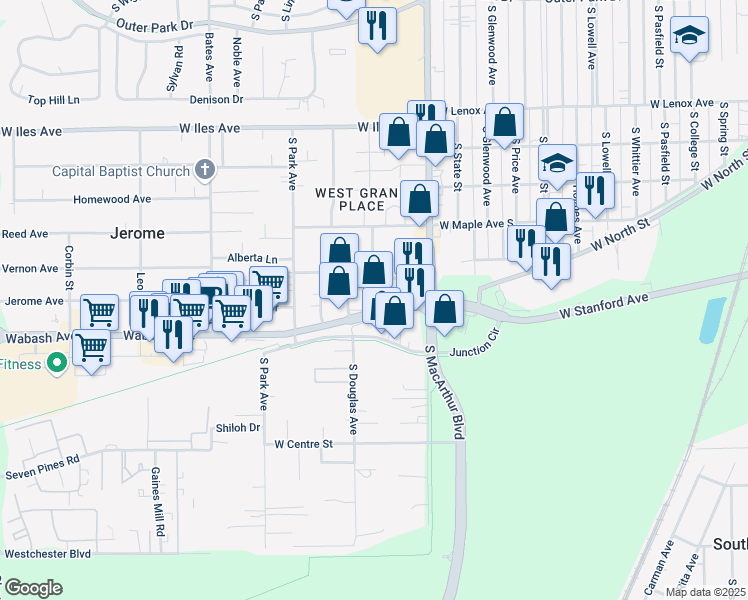 map of restaurants, bars, coffee shops, grocery stores, and more near 1003 Wabash Avenue in Springfield