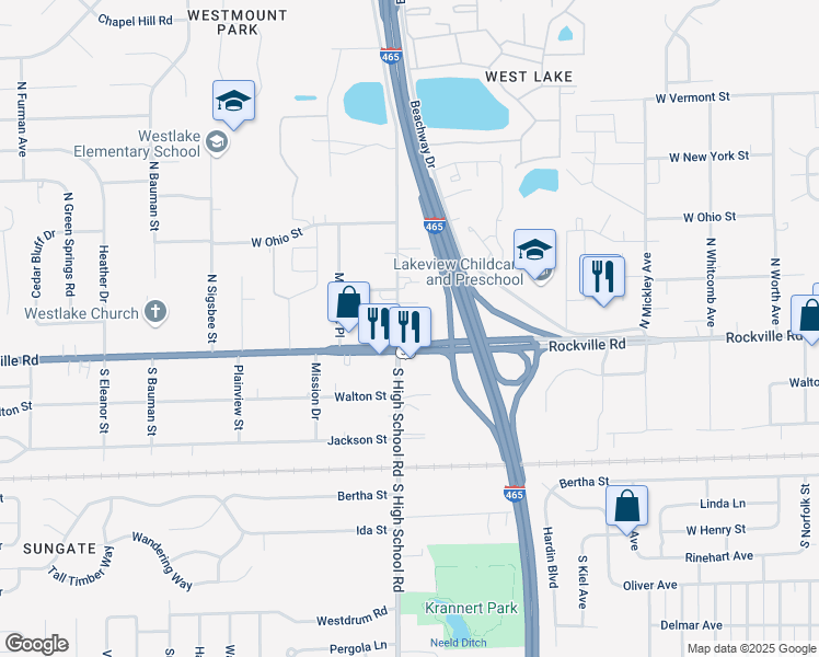 map of restaurants, bars, coffee shops, grocery stores, and more near 6250 Rockville Road in Indianapolis