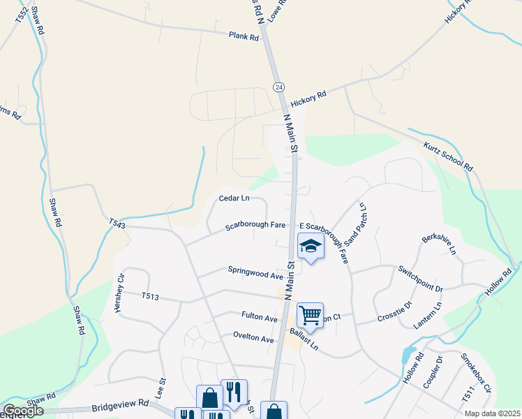 map of restaurants, bars, coffee shops, grocery stores, and more near 2 Cedar Lane in Stewartstown