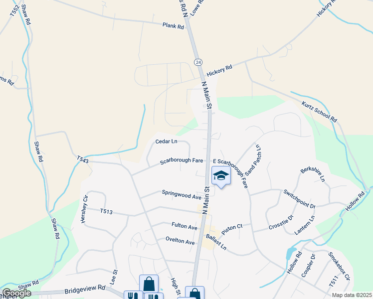 map of restaurants, bars, coffee shops, grocery stores, and more near 2 Cedar Lane in Stewartstown