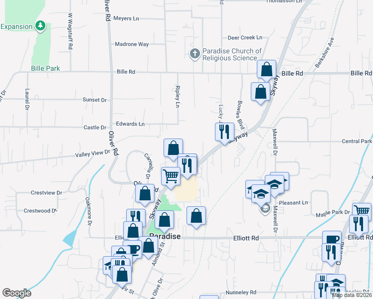 map of restaurants, bars, coffee shops, grocery stores, and more near 6178 Center Street in Paradise