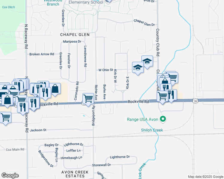 map of restaurants, bars, coffee shops, grocery stores, and more near 70 Kirk Drive West in Indianapolis