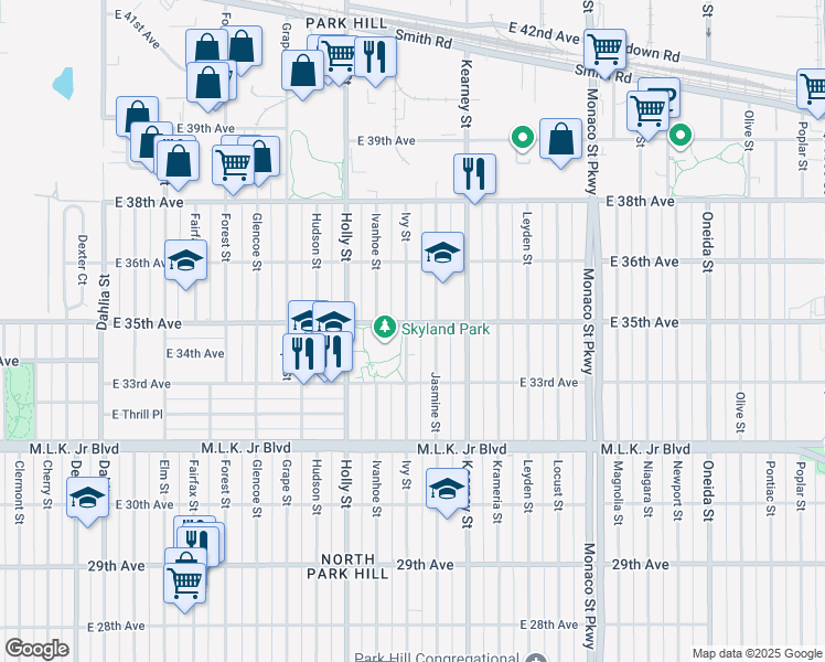 map of restaurants, bars, coffee shops, grocery stores, and more near 3363 Jasmine Street in Denver