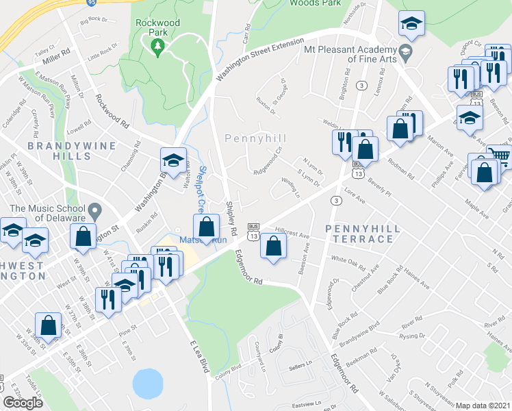 map of restaurants, bars, coffee shops, grocery stores, and more near 212 Woodhill Court in Wilmington