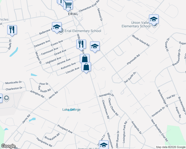 map of restaurants, bars, coffee shops, grocery stores, and more near 1600 Williamstown Erial Road in Sicklerville