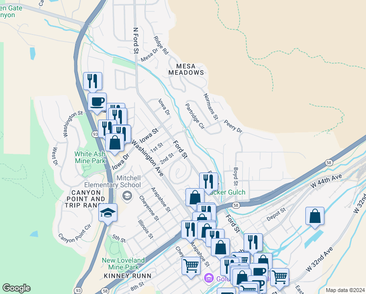 map of restaurants, bars, coffee shops, grocery stores, and more near 201 Ford Street in Golden