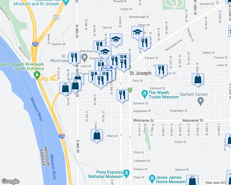 map of restaurants, bars, coffee shops, grocery stores, and more near 201 South 8th Street in Saint Joseph