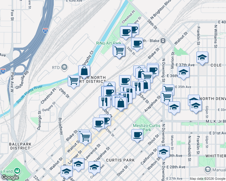 map of restaurants, bars, coffee shops, grocery stores, and more near 3195 Blake Street in Denver