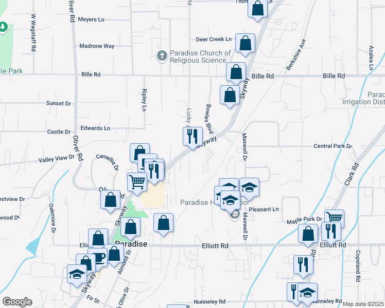 map of restaurants, bars, coffee shops, grocery stores, and more near 7126 Skyway in Paradise