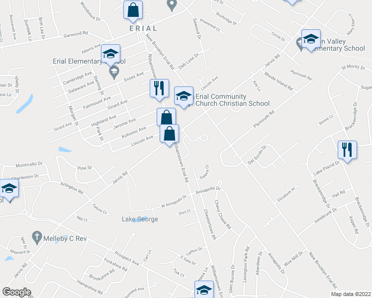 map of restaurants, bars, coffee shops, grocery stores, and more near 1600 Williamstown Erial Road in Sicklerville