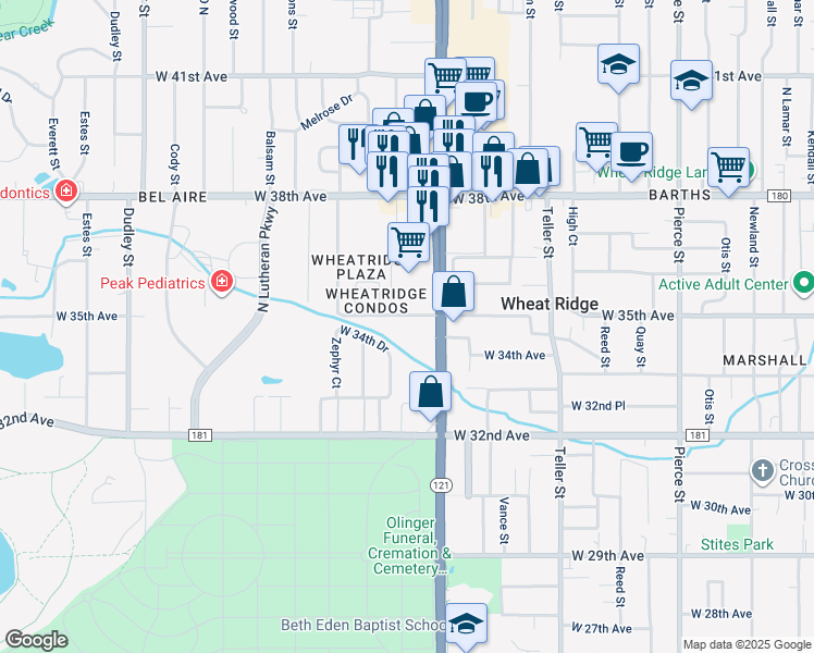 map of restaurants, bars, coffee shops, grocery stores, and more near 7608 West 35th Avenue in Wheat Ridge