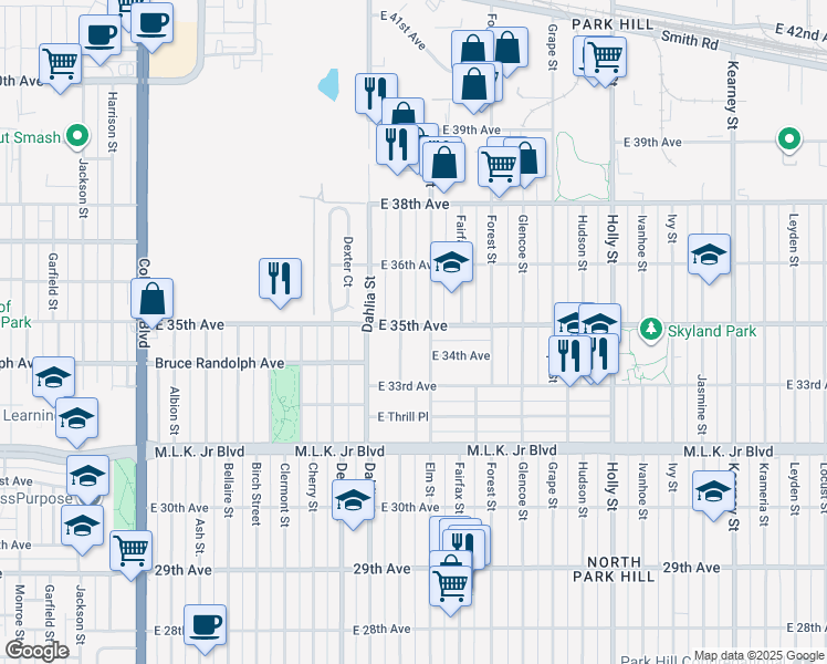 map of restaurants, bars, coffee shops, grocery stores, and more near in Denver