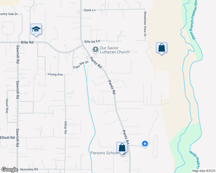 map of restaurants, bars, coffee shops, grocery stores, and more near 6285 Pentz Road in Paradise