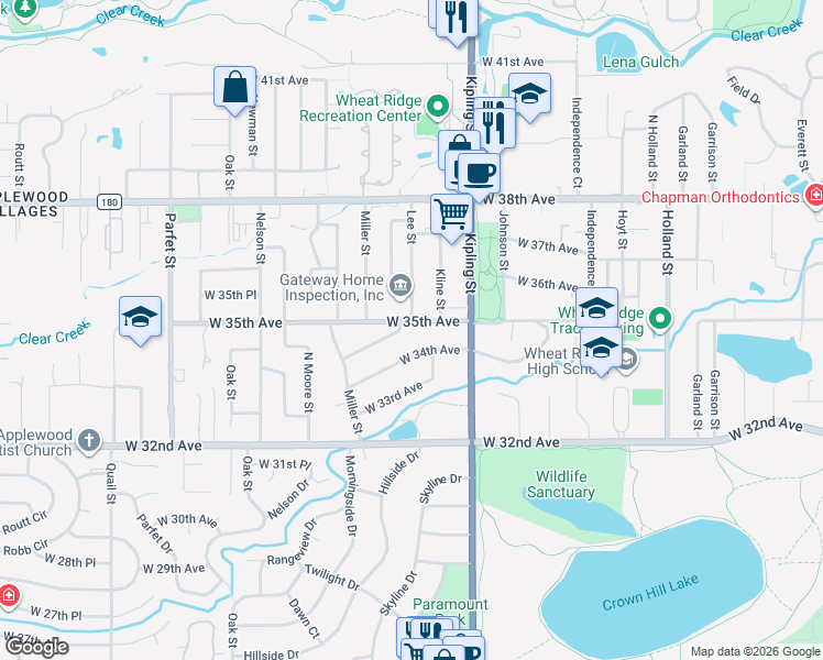 map of restaurants, bars, coffee shops, grocery stores, and more near 10200 West 35th Avenue in Wheat Ridge