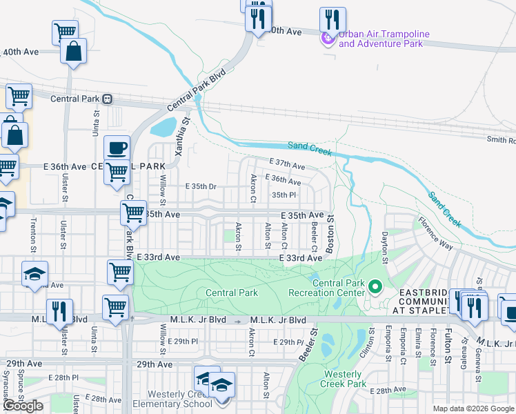 map of restaurants, bars, coffee shops, grocery stores, and more near 9036 East 35th Avenue in Denver