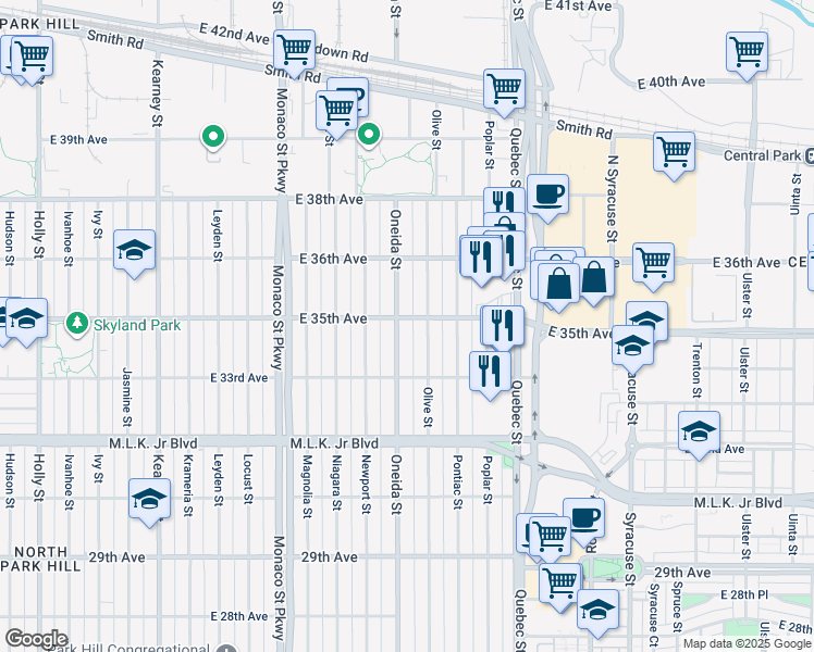 map of restaurants, bars, coffee shops, grocery stores, and more near 3371 Oneida Street in Denver