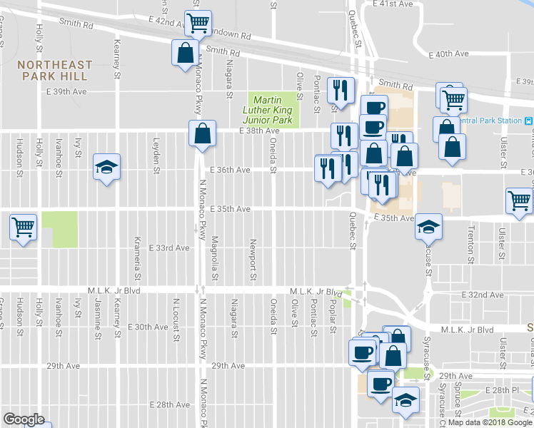 map of restaurants, bars, coffee shops, grocery stores, and more near 3371 Oneida Street in Denver