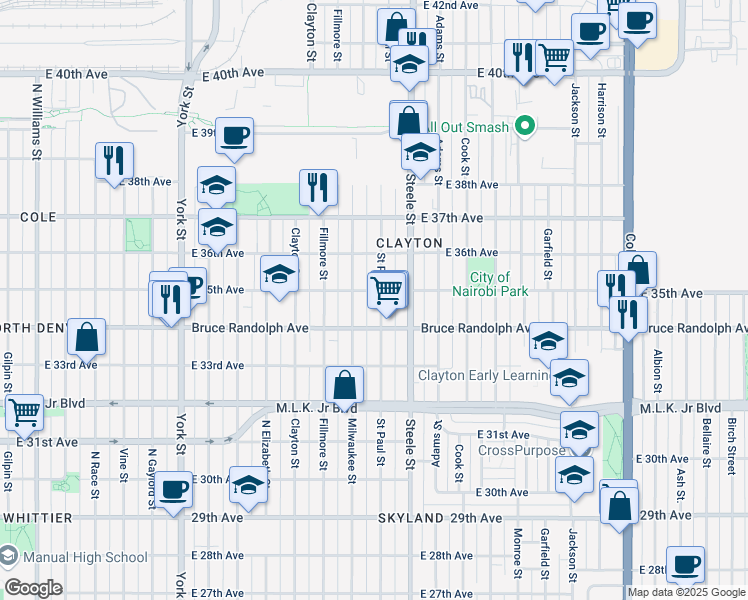 map of restaurants, bars, coffee shops, grocery stores, and more near 3428 Milwaukee Street in Denver