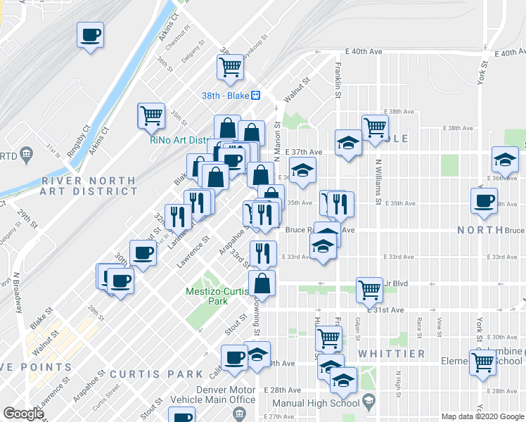 map of restaurants, bars, coffee shops, grocery stores, and more near 3420 North Downing Street in Denver