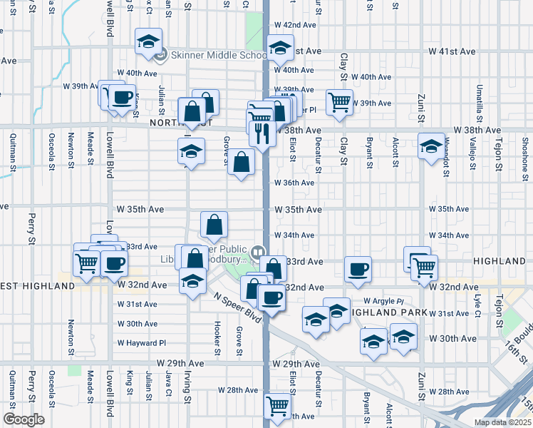 map of restaurants, bars, coffee shops, grocery stores, and more near 3429 U.S. 287 in Denver