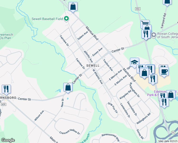 map of restaurants, bars, coffee shops, grocery stores, and more near 221 Center Street in Gloucester County