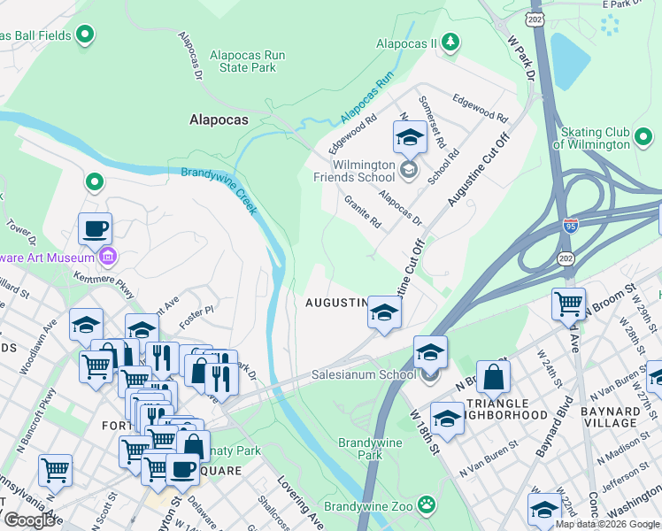 map of restaurants, bars, coffee shops, grocery stores, and more near 20 Granite Rd in Wilmington