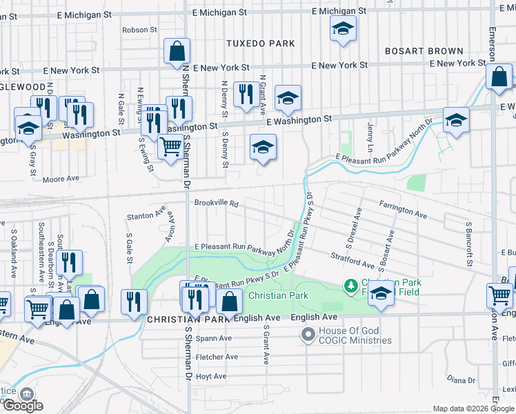 map of restaurants, bars, coffee shops, grocery stores, and more near 4107 South Brookville Road in Indianapolis