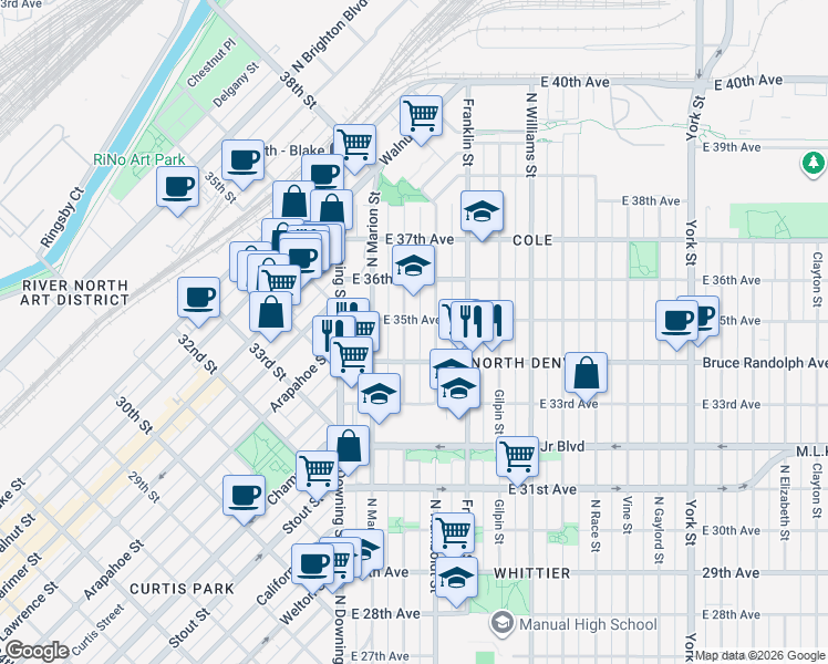 map of restaurants, bars, coffee shops, grocery stores, and more near 3419 Humboldt Street in Denver