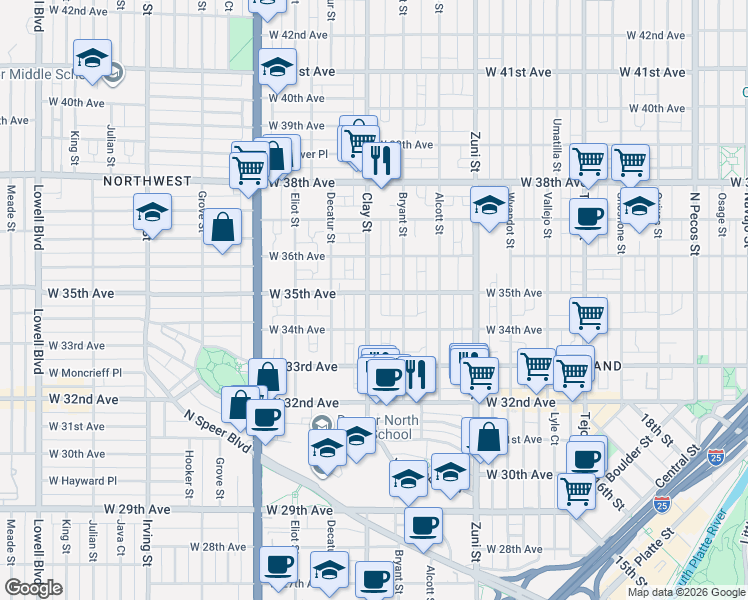 map of restaurants, bars, coffee shops, grocery stores, and more near 2600 West 35th Avenue in Denver