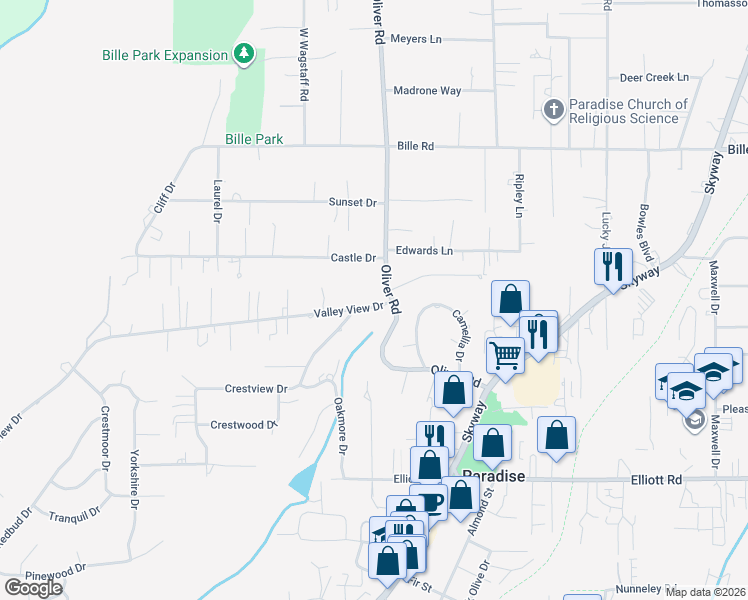 map of restaurants, bars, coffee shops, grocery stores, and more near 605 Valley View Drive in Paradise