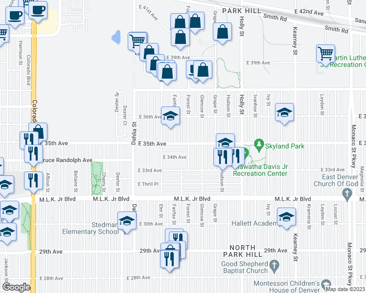 map of restaurants, bars, coffee shops, grocery stores, and more near 5166 East 35th Avenue in Denver