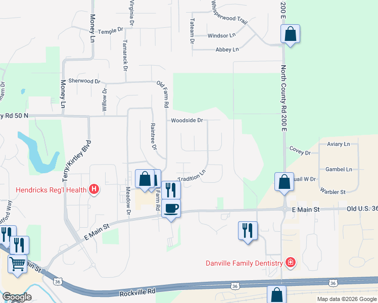 map of restaurants, bars, coffee shops, grocery stores, and more near 264 Sassafras Drive in Danville