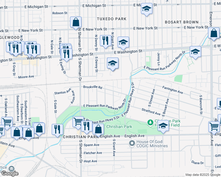 map of restaurants, bars, coffee shops, grocery stores, and more near 4107 South Brookville Road in Indianapolis
