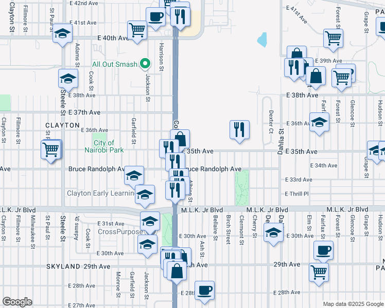 map of restaurants, bars, coffee shops, grocery stores, and more near 4102 East 35th Avenue in Denver